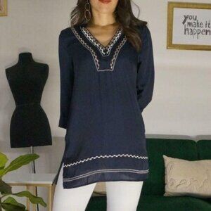 Navy Blue Embroidered 3/4ths Sleeves Top Size XS